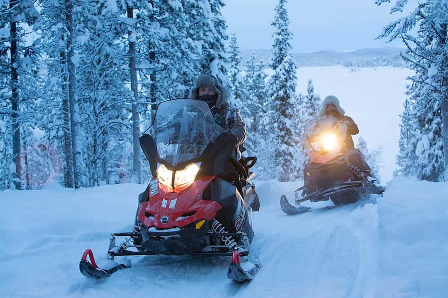 Kiruna: Northern Lights Snowmobile Tour with Transfer - Snowmobile tracks through the dark forest